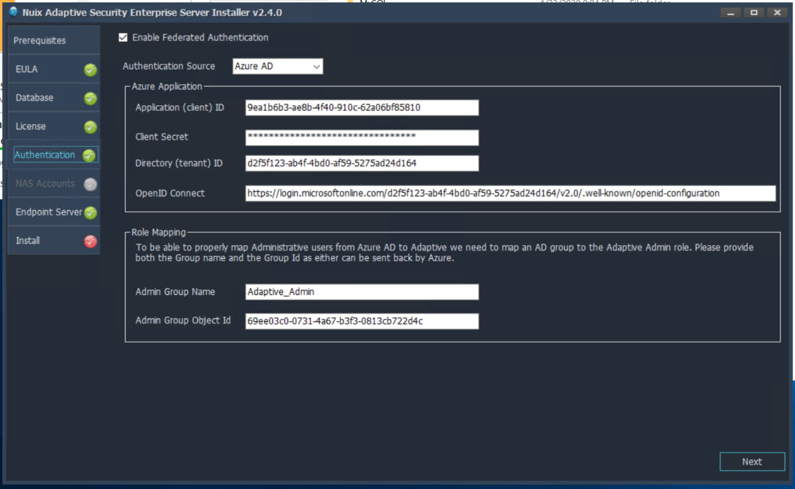 Enabling federated authentication in the Installer. 